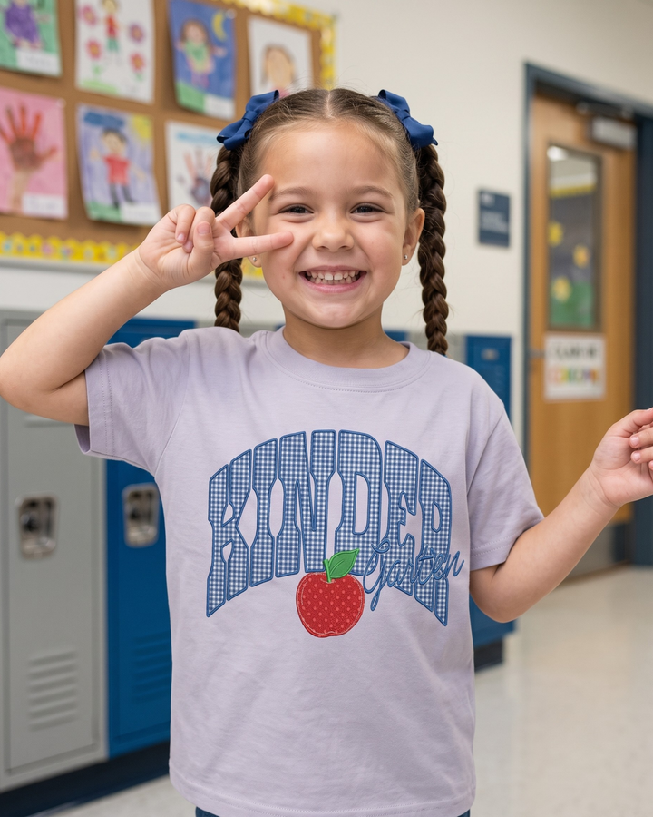 Hello Kinder Garten Applique Embroidered Bamboo Crewneck T-Shirt