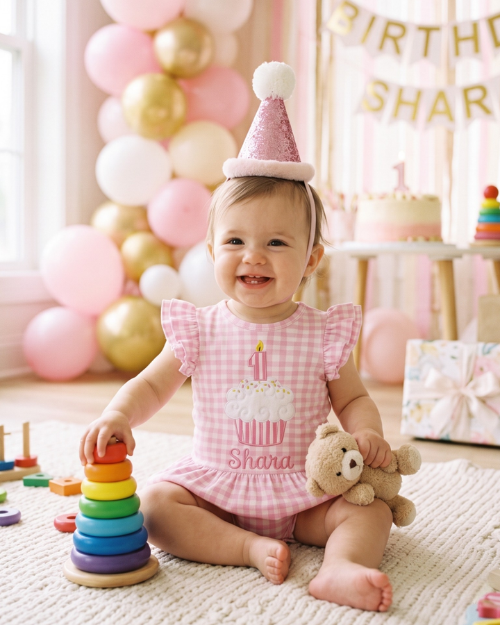 Sweet One Birthday Embroidered Gingham Bamboo Cap Sleeve Ruffle Dress