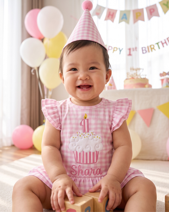 Sweet One Birthday Embroidered Gingham Bamboo Cap Sleeve Ruffle Dress