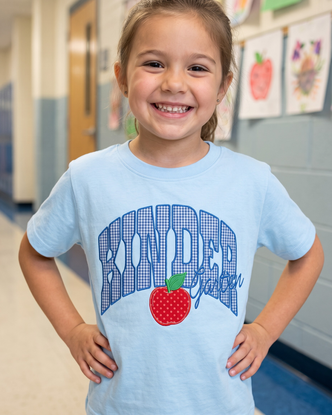 Hello Kinder Garten Applique Embroidered Bamboo Crewneck T-Shirt