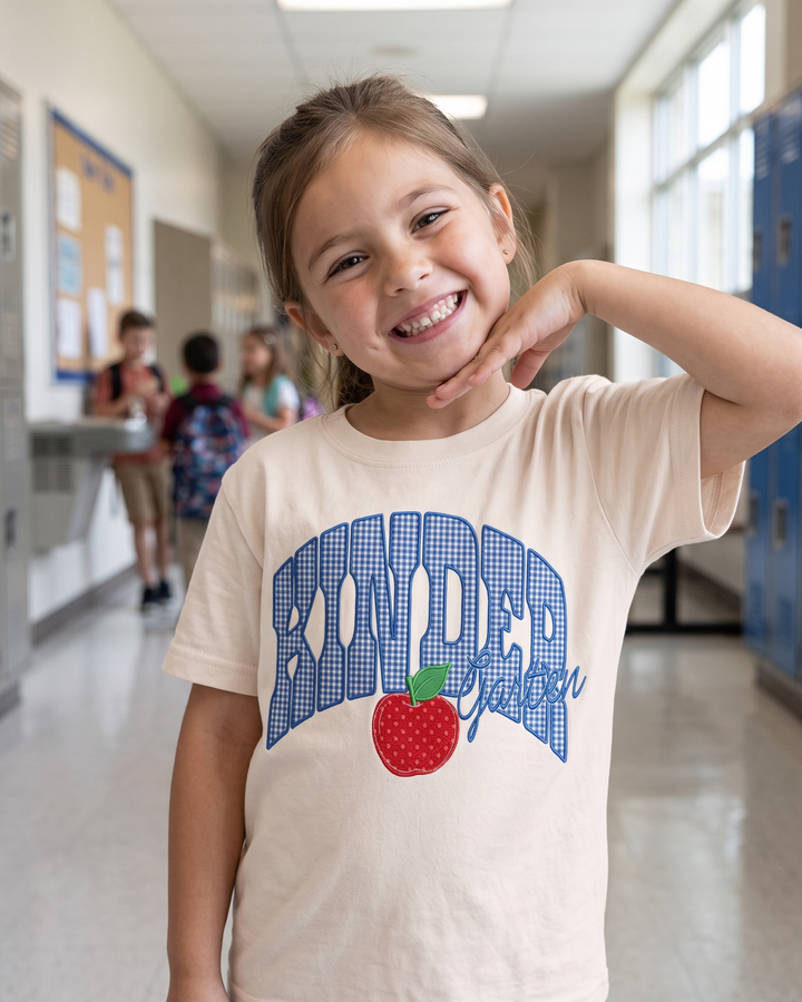 Hello Kinder Garten Applique Embroidered Bamboo Crewneck T-Shirt