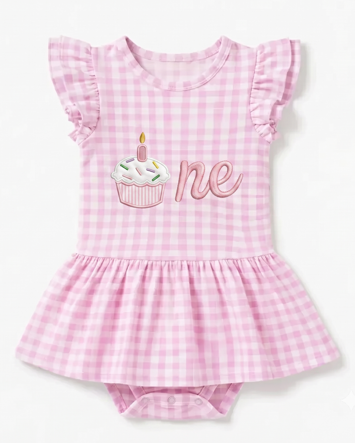One Sweet Cupcake Embroidered Gingham Bamboo Cap Sleeve Ruffle Dress