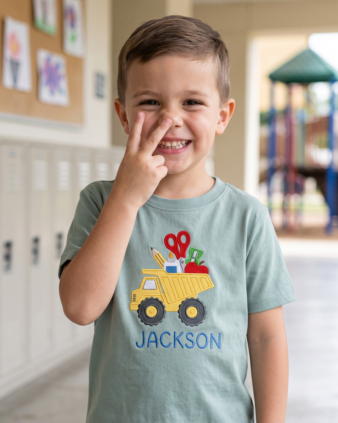 Custom Name Back to School Dump Truck Embroidered Bamboo Crewneck T-Shirt