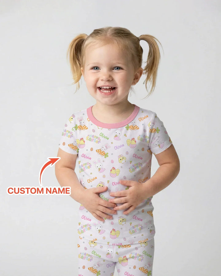 Custom name Happy Easter Bamboo Two Piece Short Sleeve Pajama Set