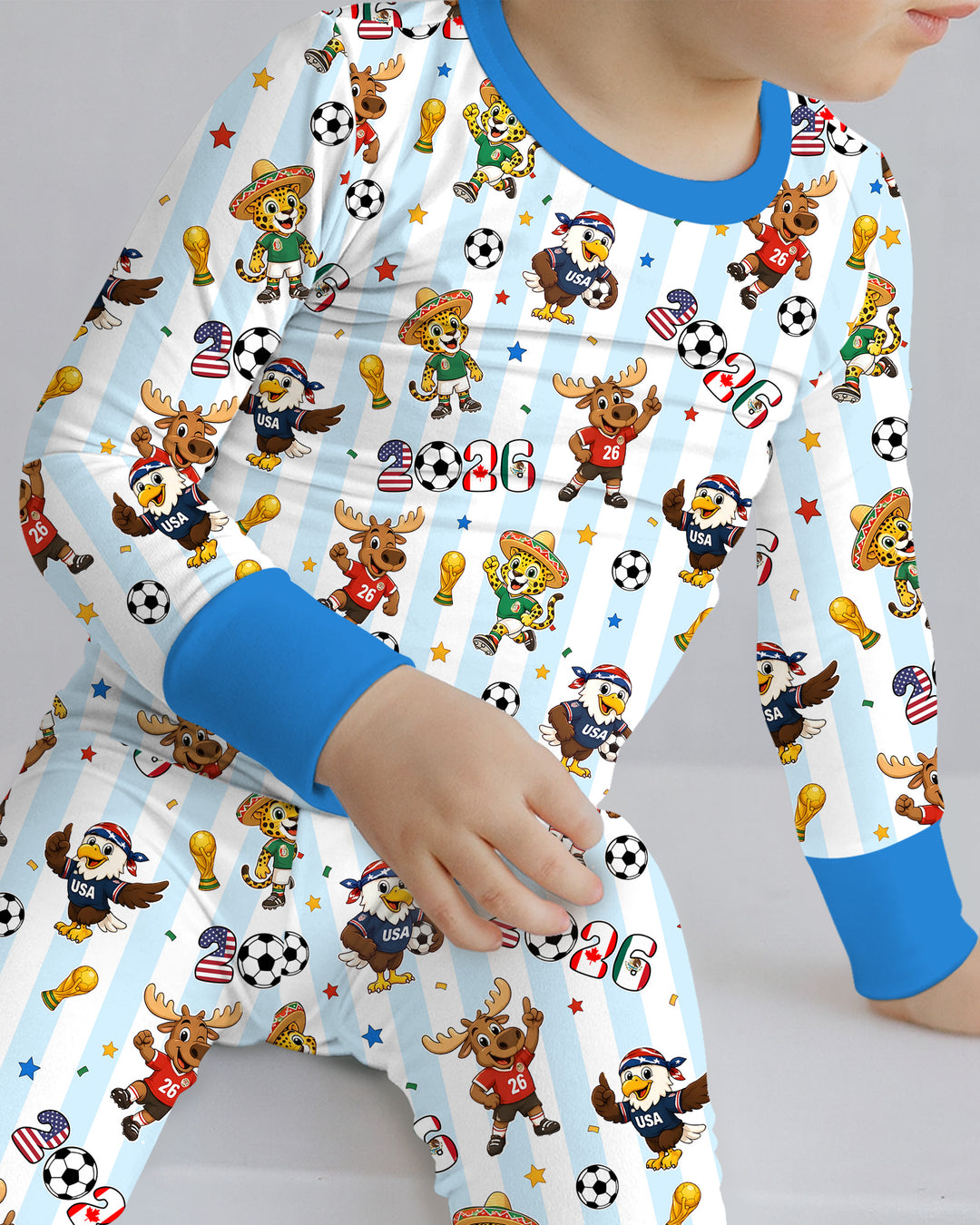 Striped Cute Mascots Soccer Cup 2026 Bamboo Two Piece Long Sleeve Pajama Set