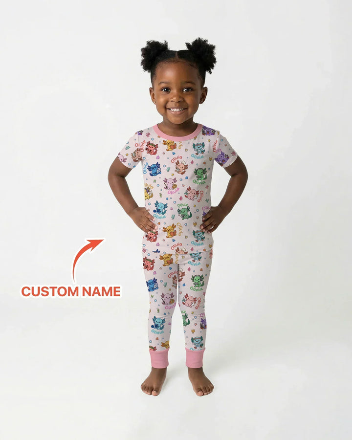 Custom Name Cute Hobby Axolotl Bamboo Two Piece Short Sleeve Pajama Set