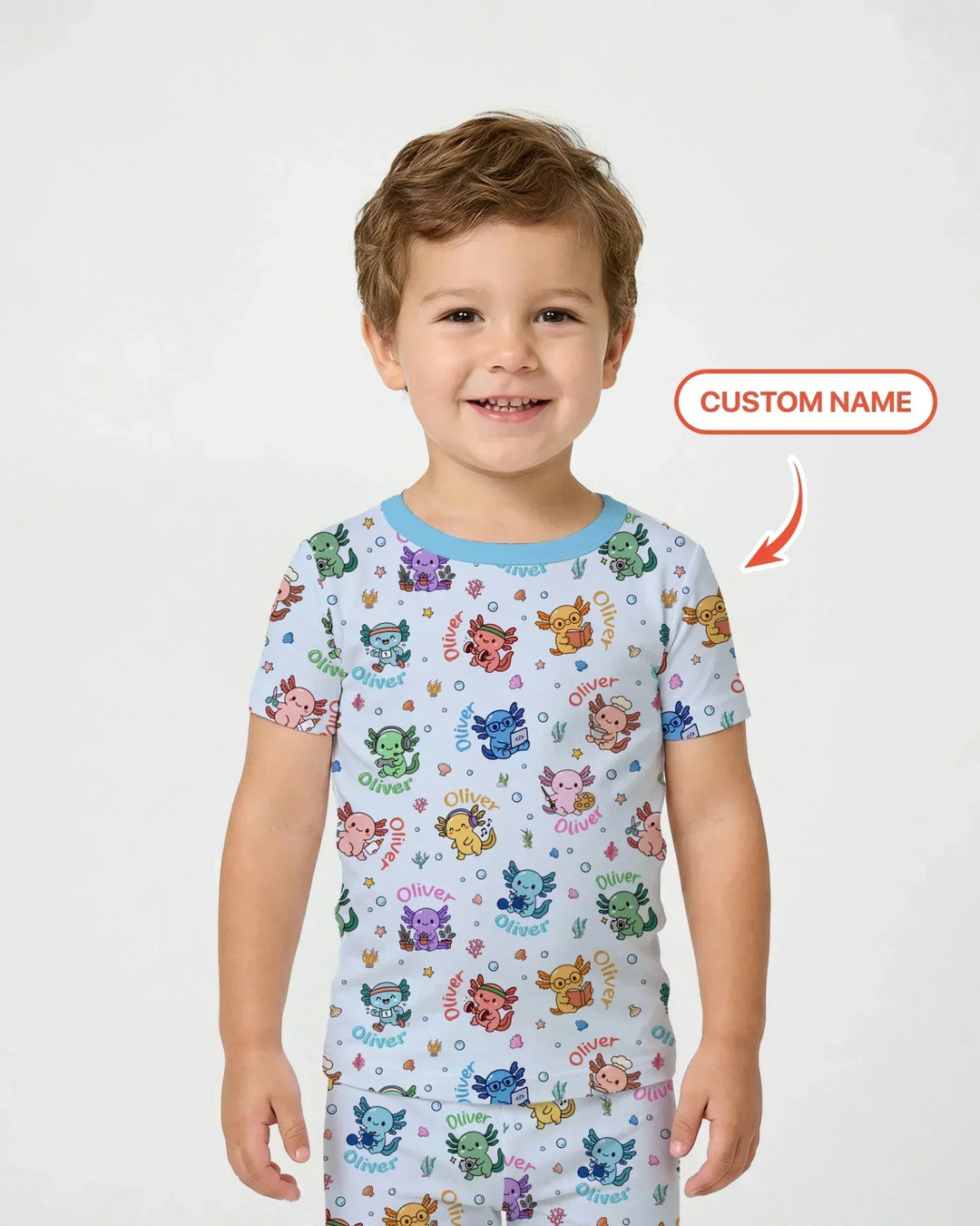 Custom Name Cute Hobby Axolotl Bamboo Two Piece Short Sleeve Pajama Set
