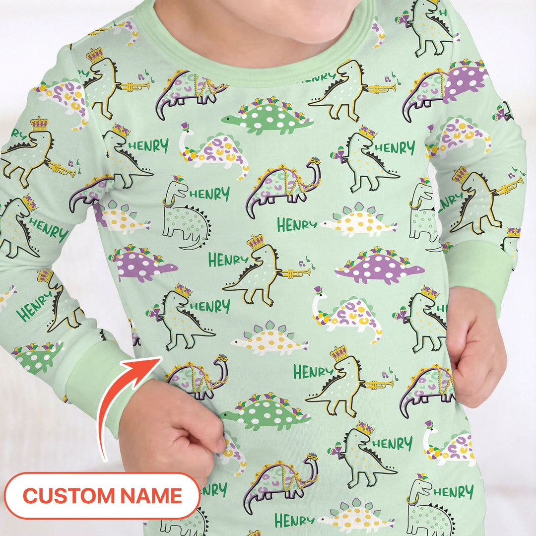 Custom Name Mardi Gras Saurus Bamboo Two Piece Long Sleeve Pajama Set