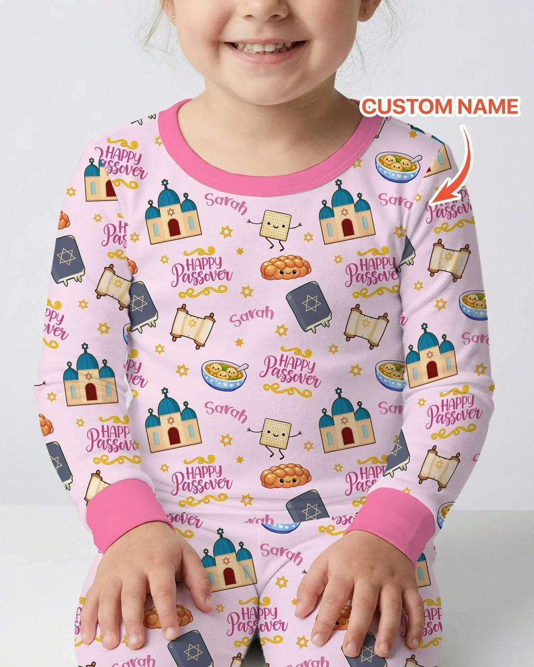 Custom name "Pesach Sameach" Bamboo Two Piece Long Sleeve Pajama Set