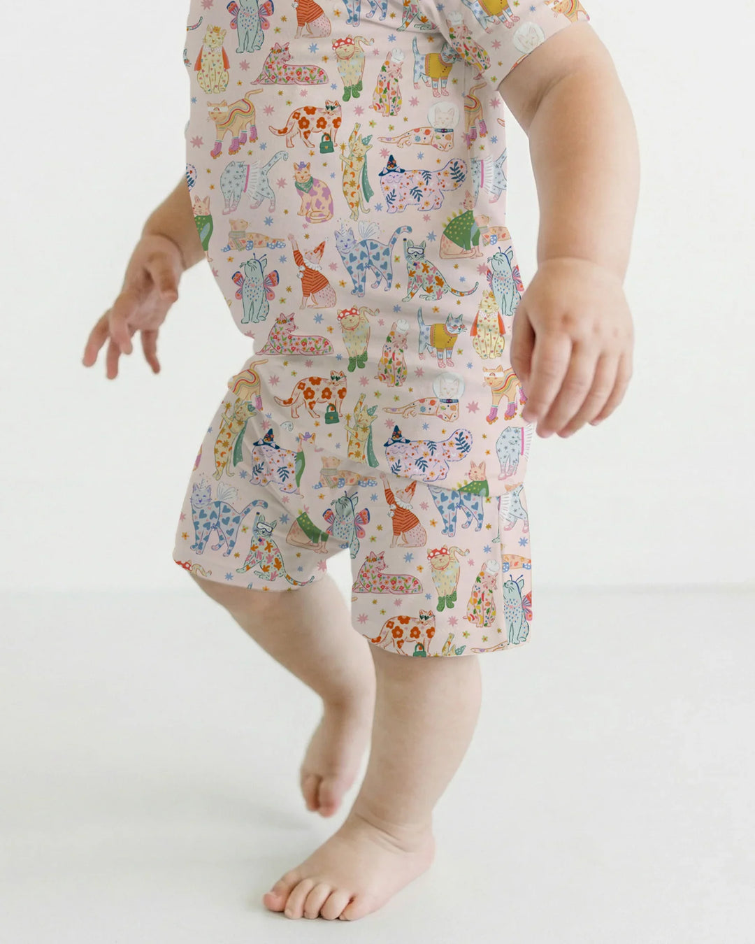 Whimsical Cat Parade Two Piece Short Sleeve Shorts Pajama Set