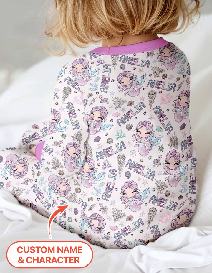 Custom Name Doodle Little Mermaid Bamboo Two Piece Long Sleeve Pajama Set