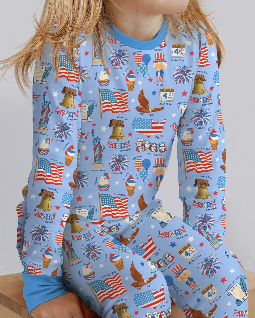 Hand Drawn Patriotic Iconic Bamboo Two Piece Long Sleeve Pajama Set