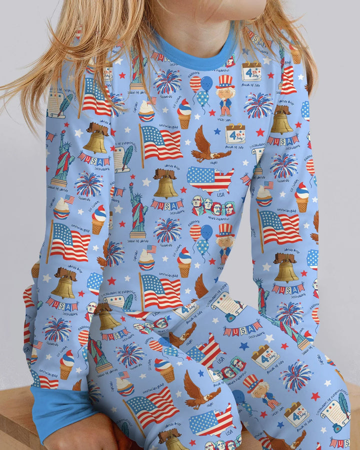 Hand Drawn Patriotic Iconic Bamboo Two Piece Long Sleeve Pajama Set
