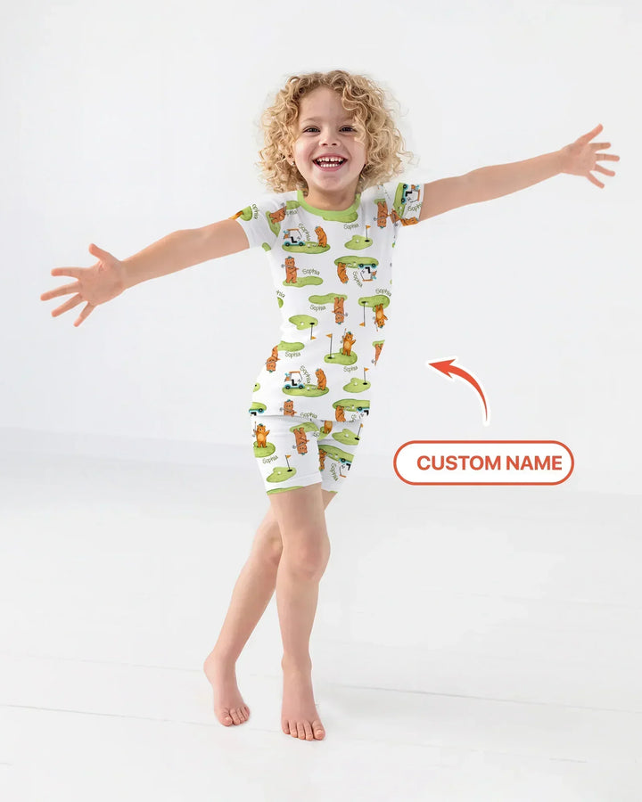 Custom Name Little Bear Golf Club Bamboo Two Piece Short Sleeve Shorts Pajama Set