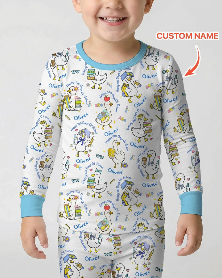 Custom Name Goose Happy 100 Days Of School Bamboo Two Piece Long Sleeve Pajama Set