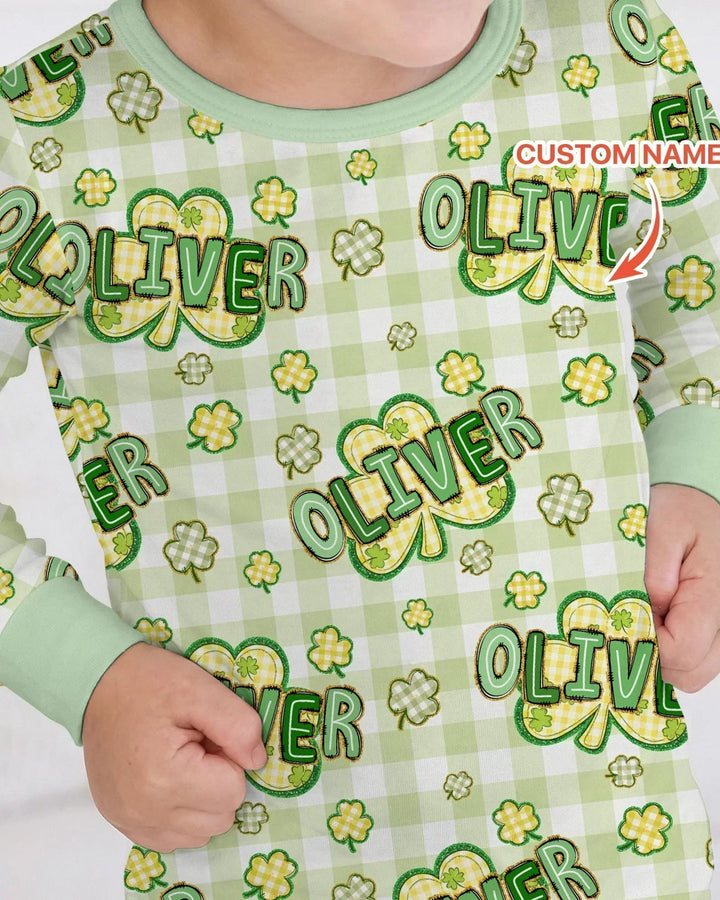 Lucky Shamrock Custom Name Bamboo Two Piece Long Sleeve Pajama Set