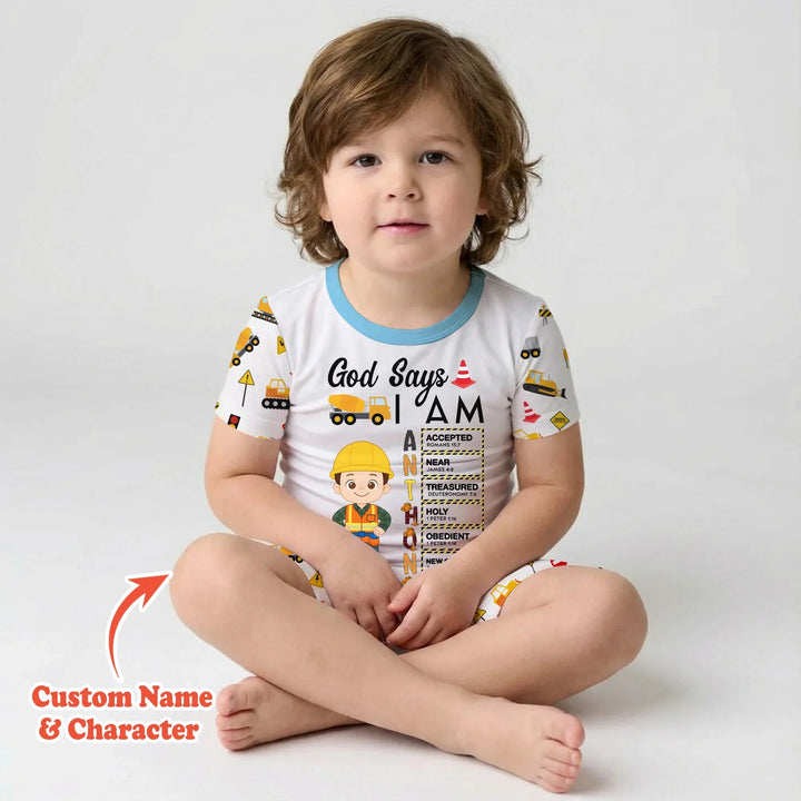 Custom Name God Says I Am Little Builder Letter in Bible Bamboo Two Piece Short Sleeve Shorts Pajama Set