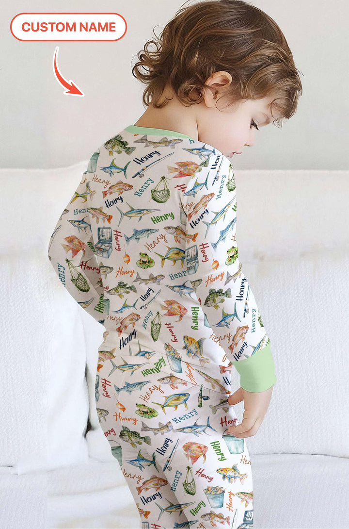 Happy Fishing Adventure Custom Name Bamboo Two Piece Long Sleeve Pajama Set