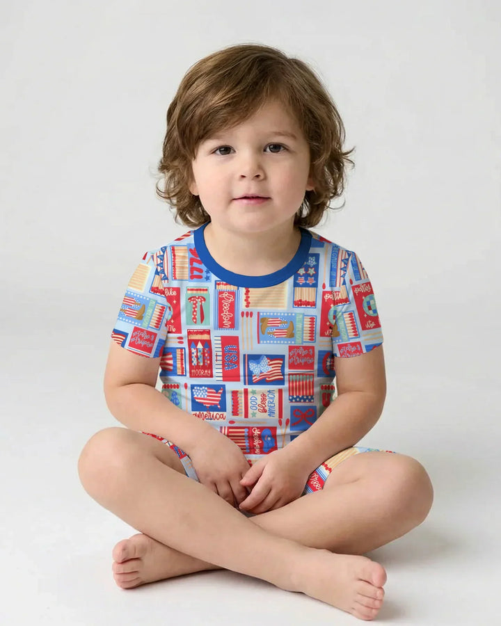Patriotic Matchbox Family Matching Bamboo Two Piece Short Sleeve Shorts Pajama Set