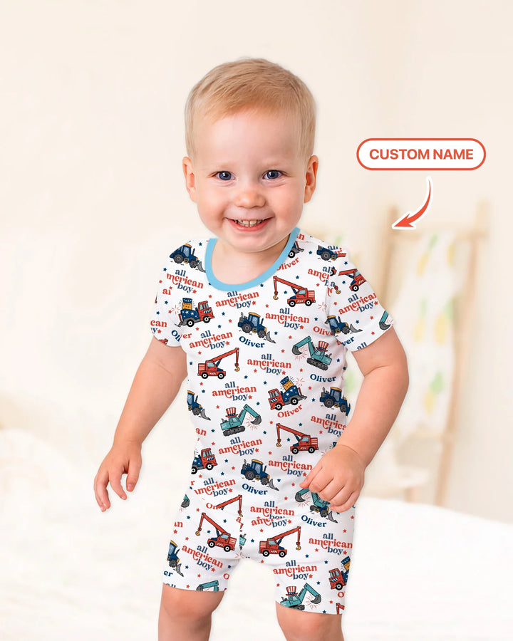 Custom Name All-American Boy Bamboo Two Piece Short Sleeve Shorts Pajama Set