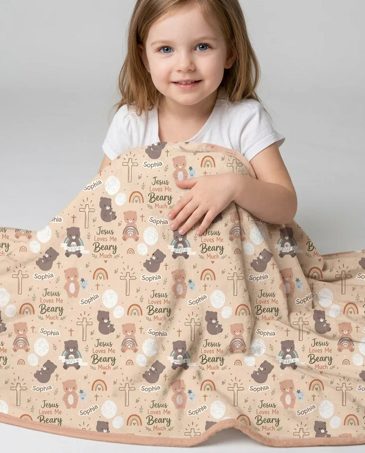Custom Name Jesus Loves Me Beary Much Bamboo Blanket