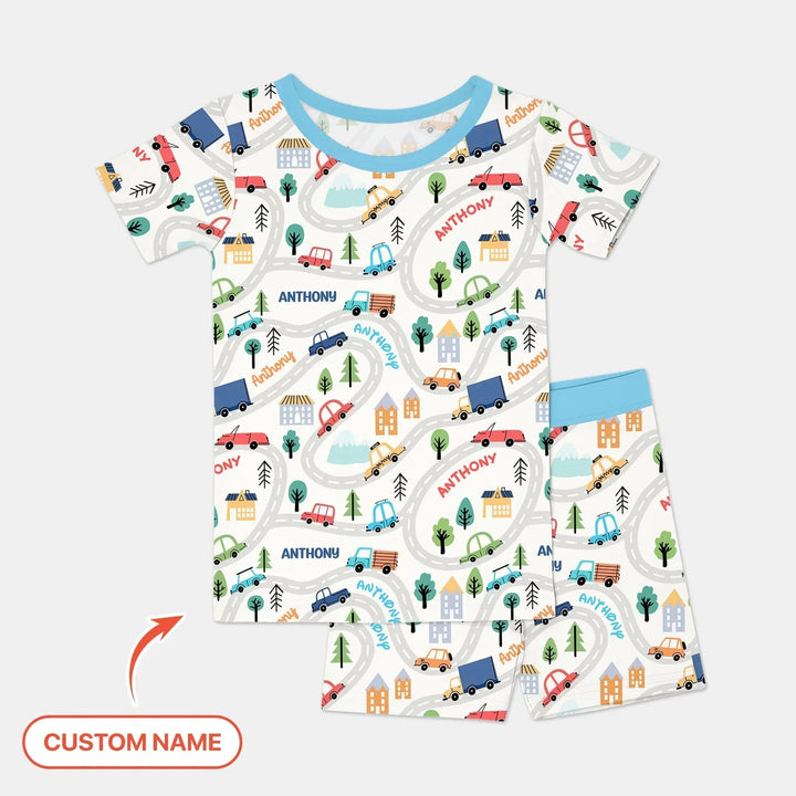 Custom Name Road Map Bamboo Two Piece Short Sleeve Shorts Pajama Set