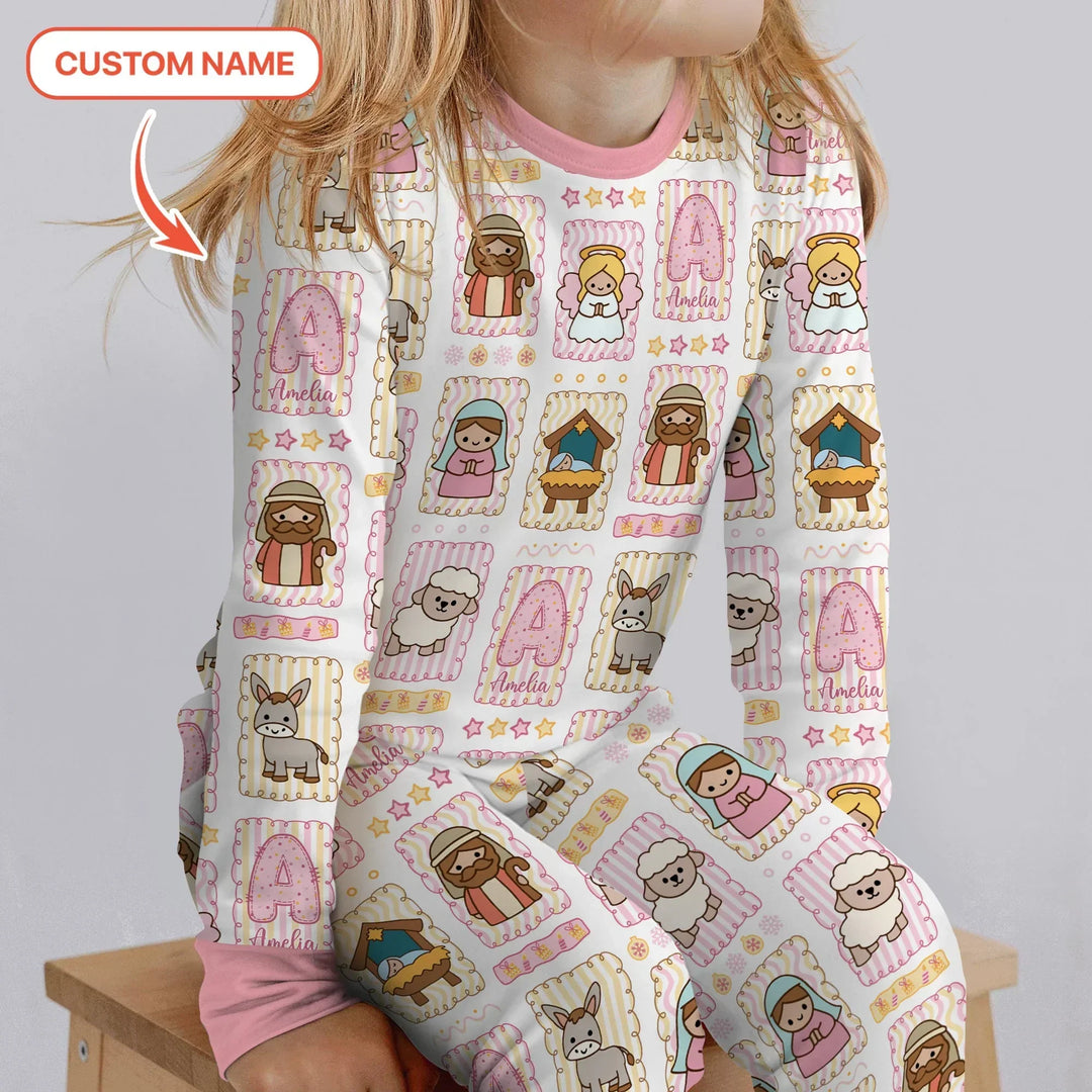 Custom Name Christmas Nativity Bamboo Two Piece Long Sleeve Pajama Set