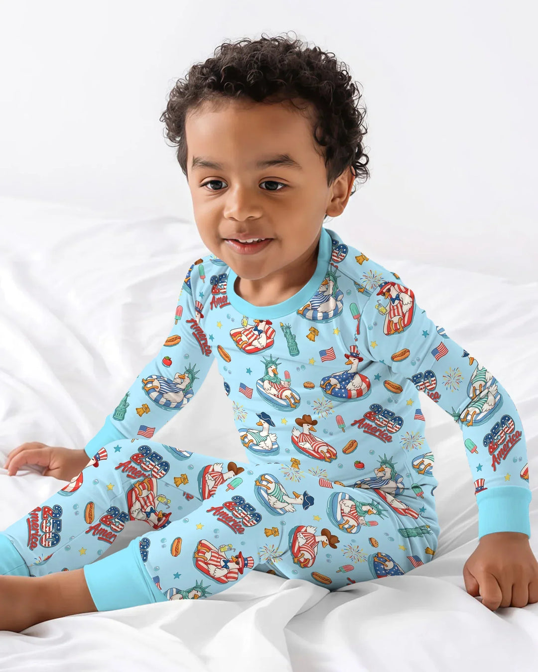 250 America Patriotic Goose Family Matching Bamboo Two Piece Long Sleeve Pajama Set