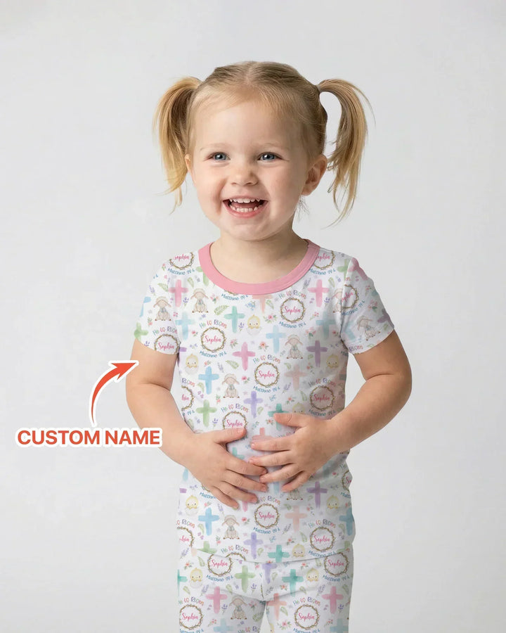He Is Risen Personalized Bamboo Two Piece Short Sleeve Pajama Set