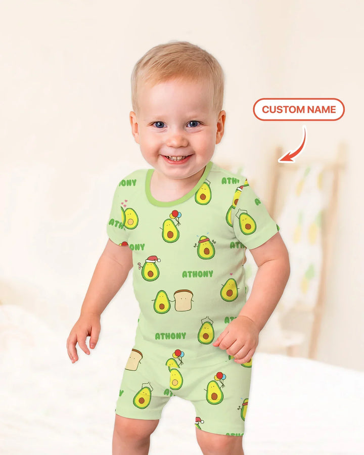 Custom Name Cute Avocado Bamboo Two Piece Short Sleeve Shorts Pajama Set