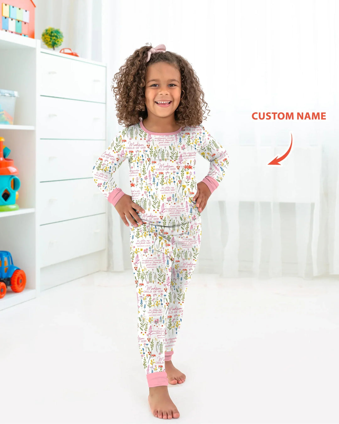 Custom Name Child of God Flower Garden Bamboo Two Piece Long Sleeve Pajama Set