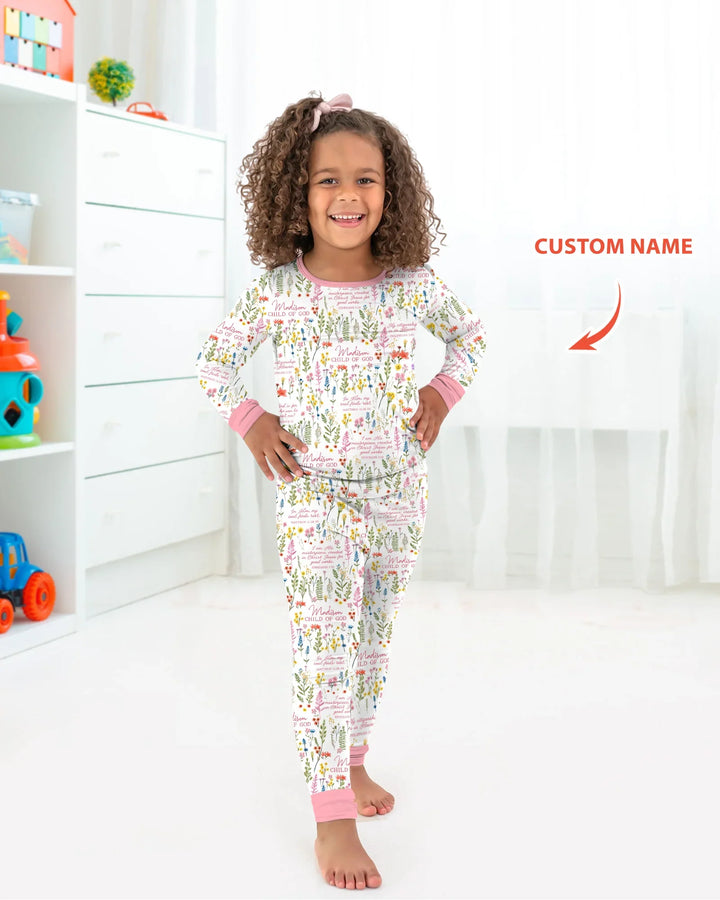 Custom Name Child of God Flower Garden Bamboo Two Piece Long Sleeve Pajama Set