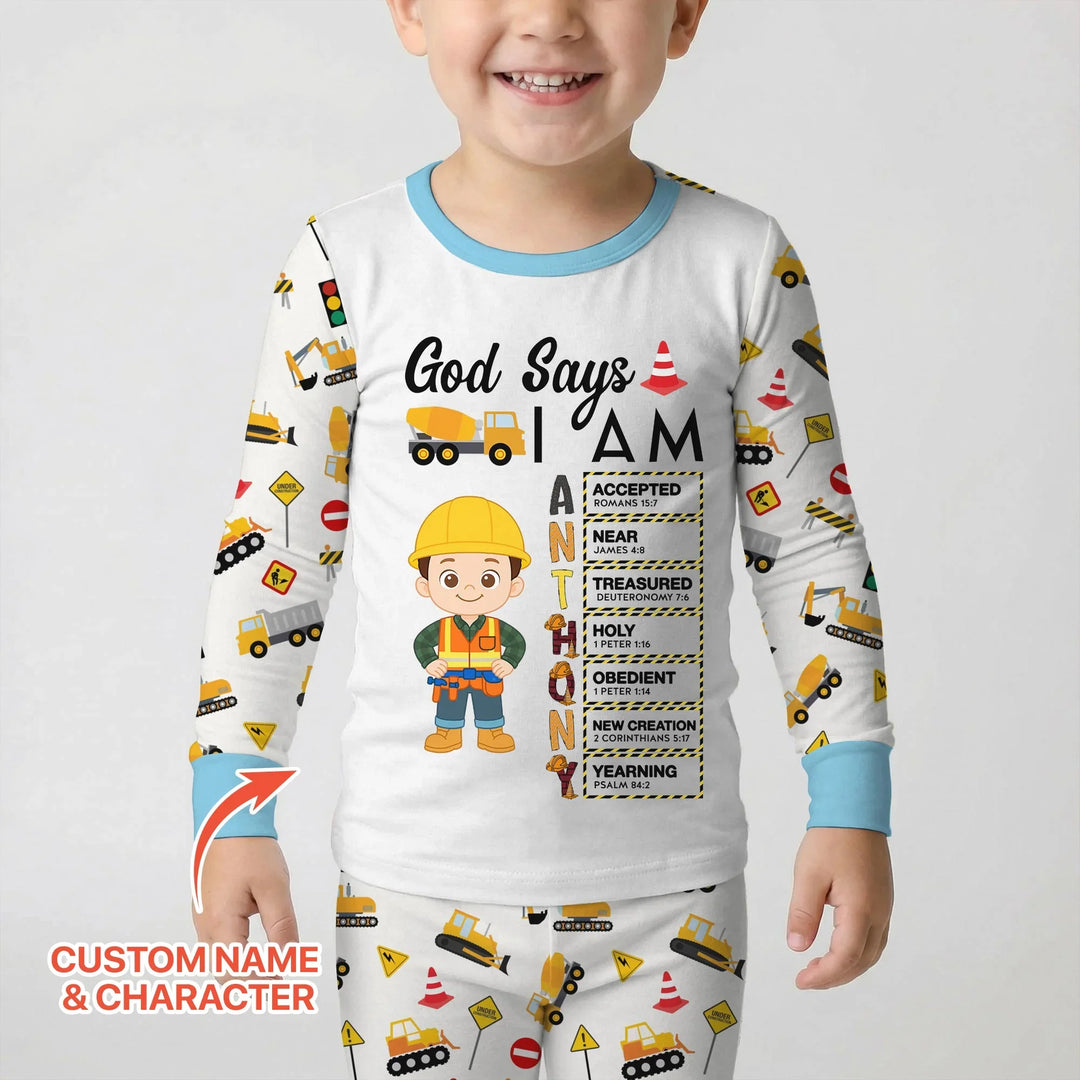 Custom Name God Says I Am Little Builder Letter in Bible Bamboo Two Piece Long Sleeve Pajama Set