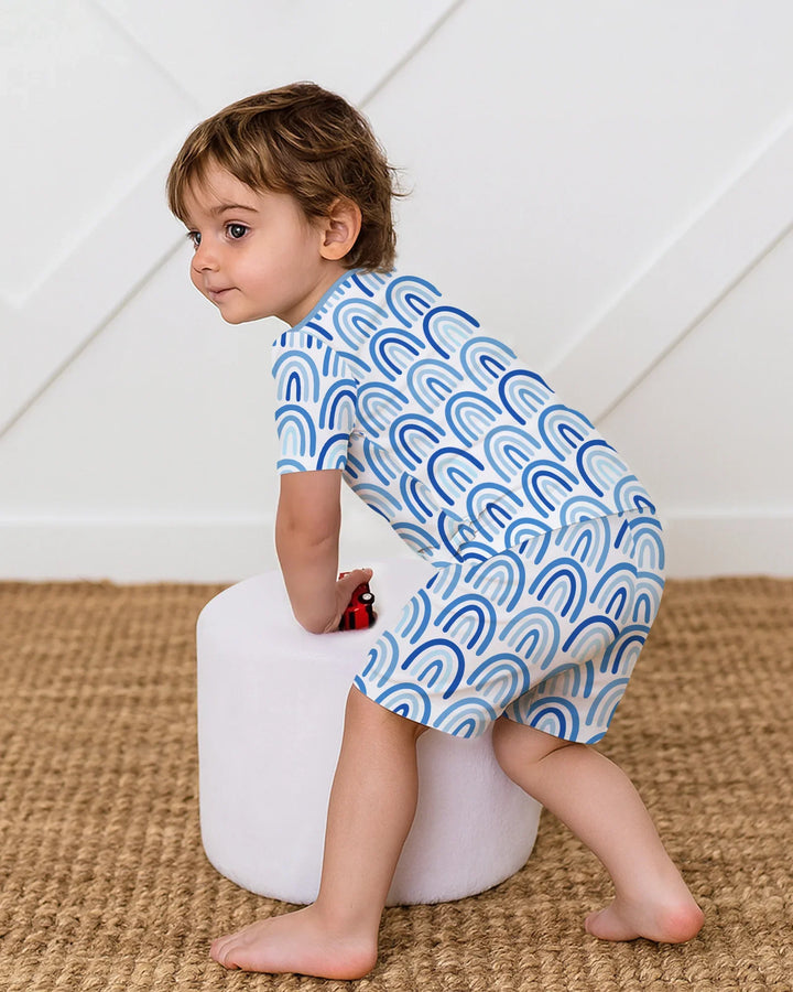 Sky Blue Rainbows Bamboo Two Piece Short Sleeve Shorts Pajama Set