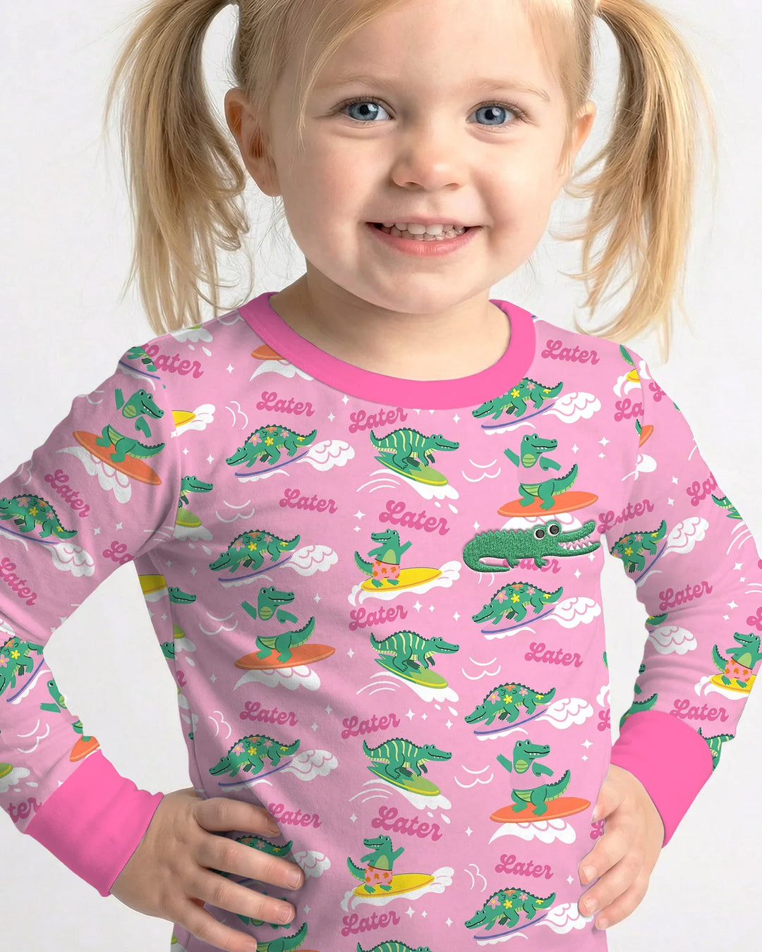 Embroidered Summer Alligator Bamboo Two Piece Long Sleeve Pajama Set