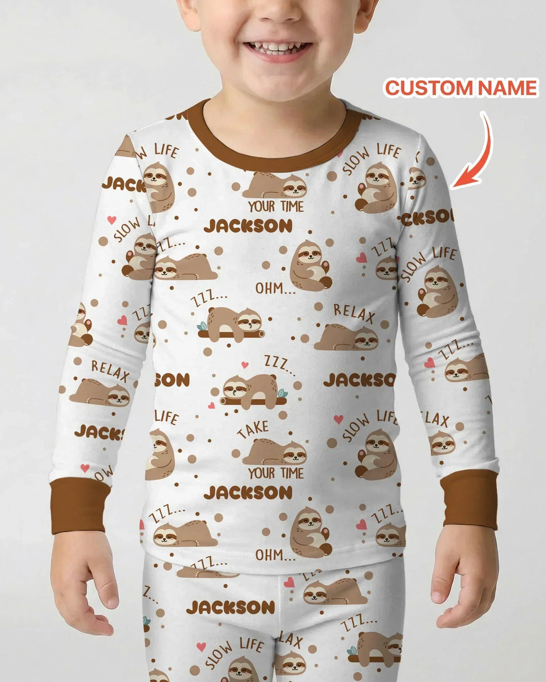 Custom Name Cute Sloth Bamboo Two Piece Long Sleeve Pajama Set