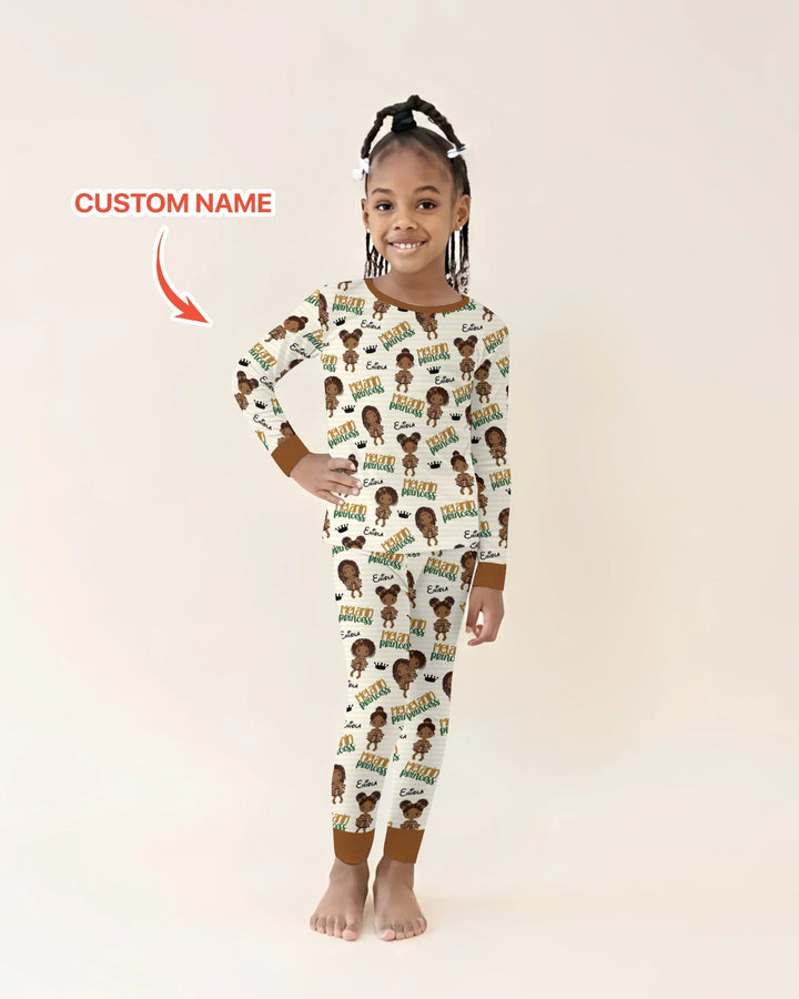 Custom Name Melanin Princess Bamboo Two Piece Long Sleeve Pajama Set
