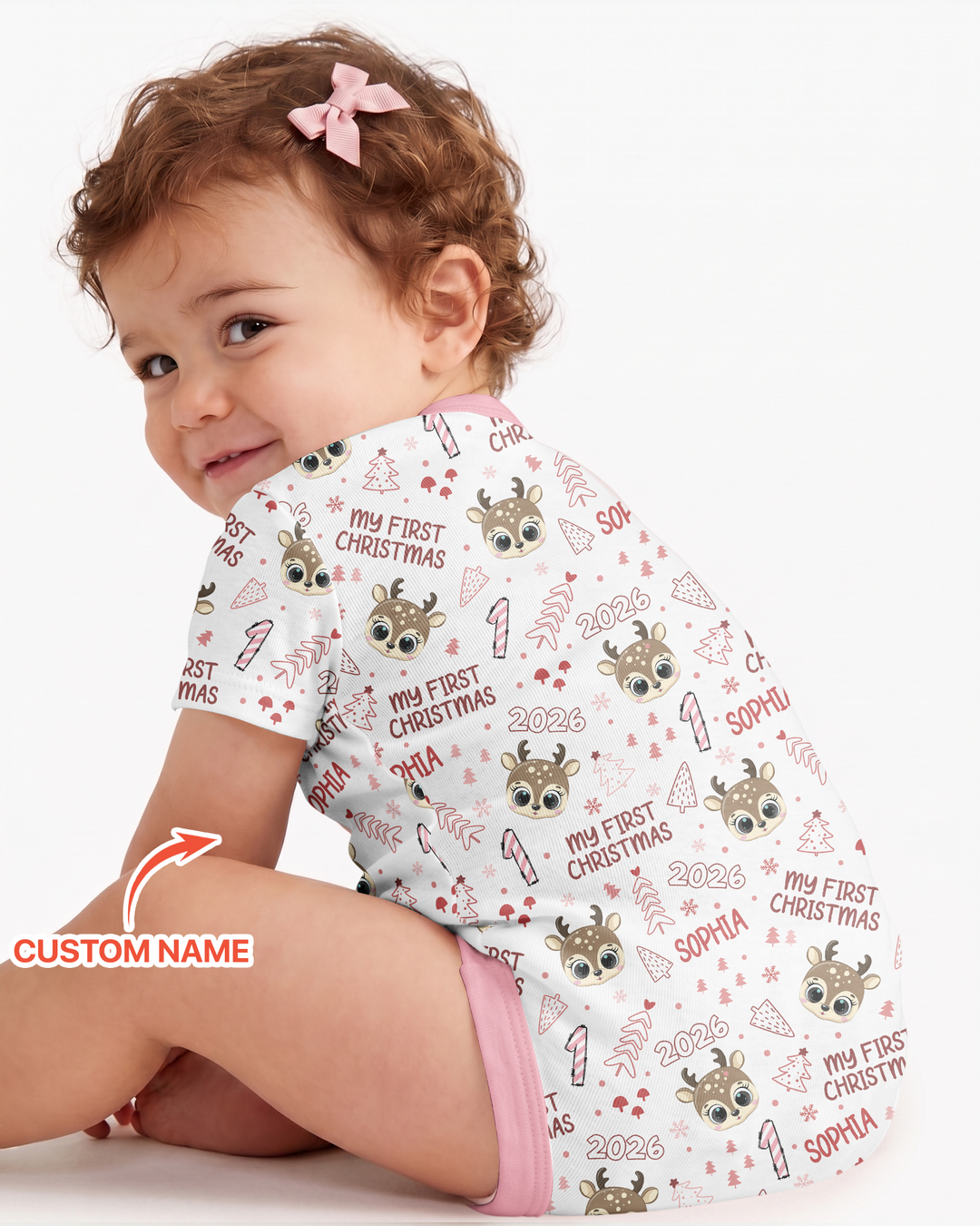 Custom Name Cute Reindeer My First Christmas Bamboo Bodysuit