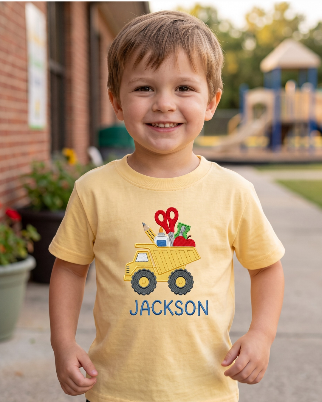 Custom Name Back to School Dump Truck Embroidered Bamboo Crewneck T-Shirt