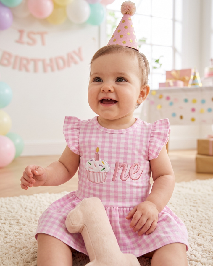 One Sweet Cupcake Embroidered Gingham Bamboo Cap Sleeve Ruffle Dress