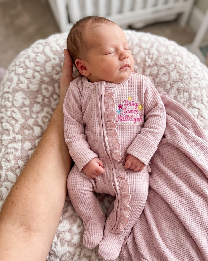 Personalized Baby Hallelujah Embroidered Waffle Ruffle Bamboo Zipper Footie