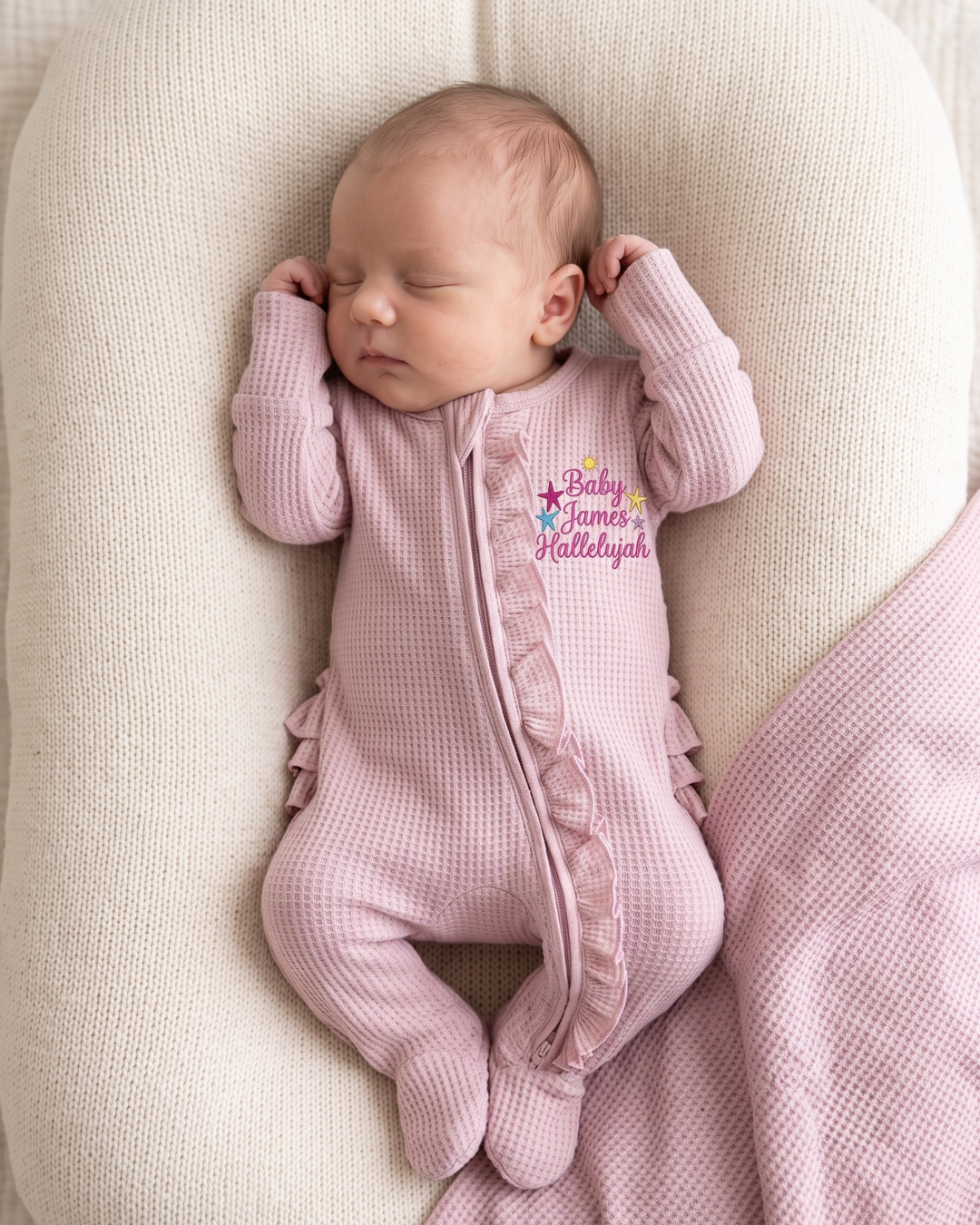 Personalized Baby Hallelujah Embroidered Waffle Ruffle Bamboo Zipper Footie