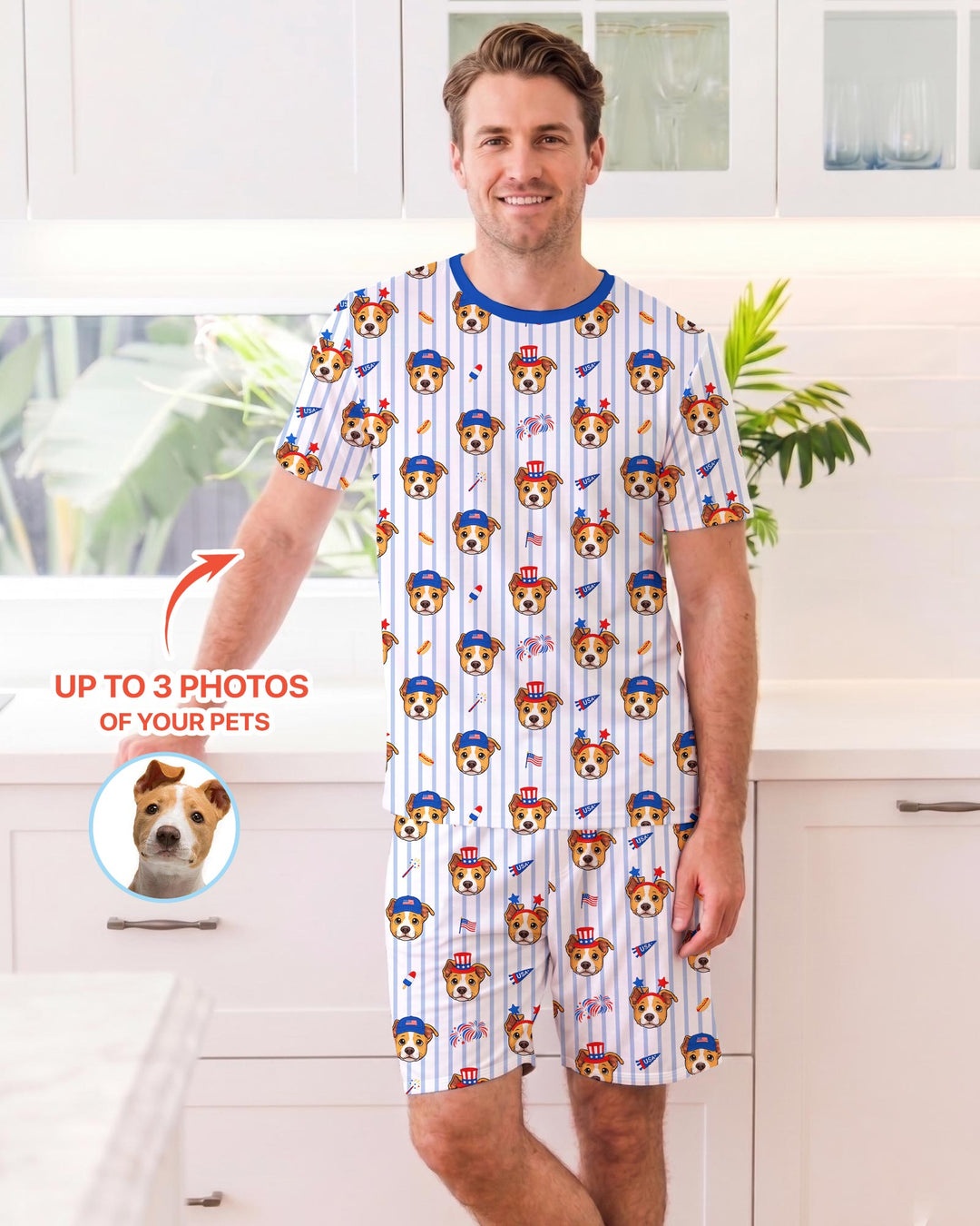 Custom Pet Image 4th of July Family Matching Bamboo Men Short Sleeve Short Pajama Set