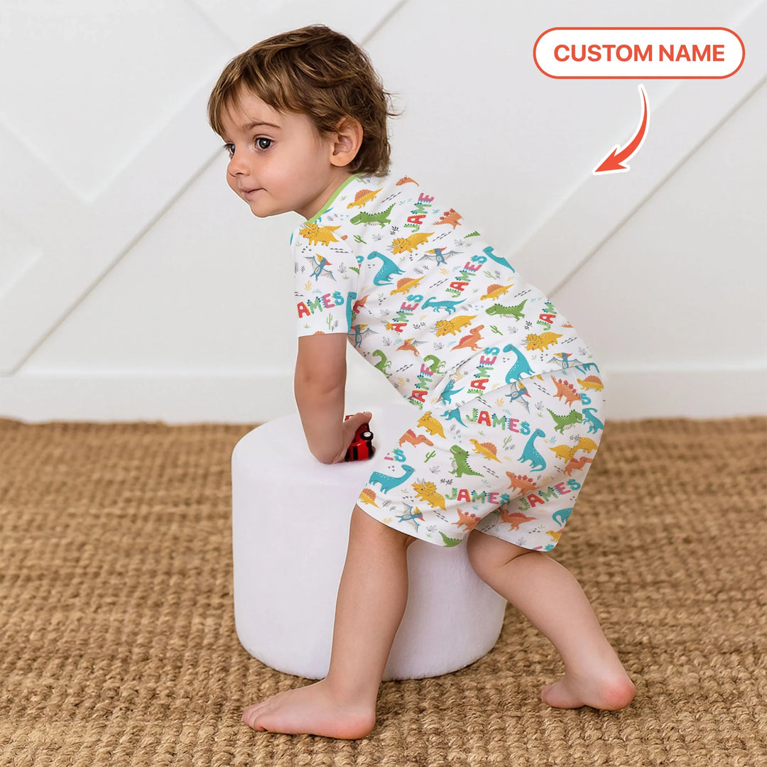 Dino Adventure Custom Name Bamboo Two Piece Short Sleeve Shorts Pajama Set