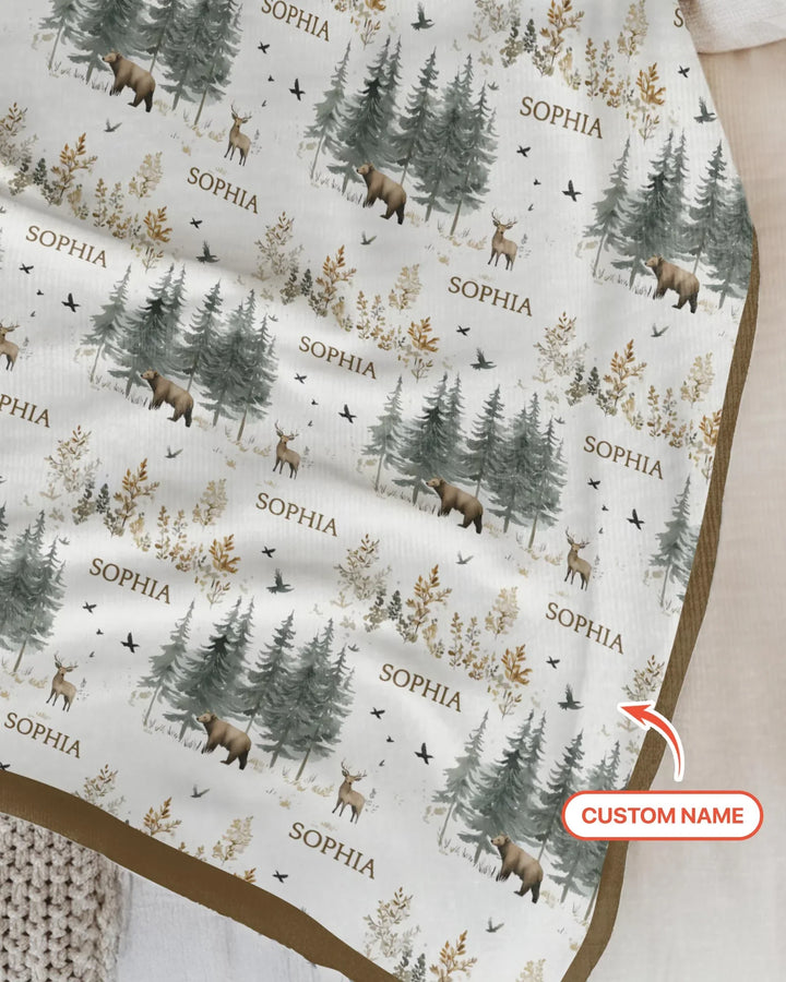 Custom Name Forest Bear Deer Bamboo Blanket
