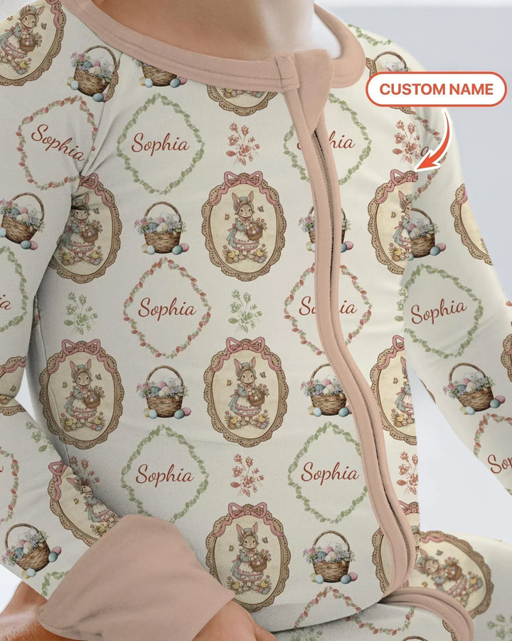 Vintage Bunny Easter Custom Name Mommy & Me Matching Bamboo Convertible Zippy