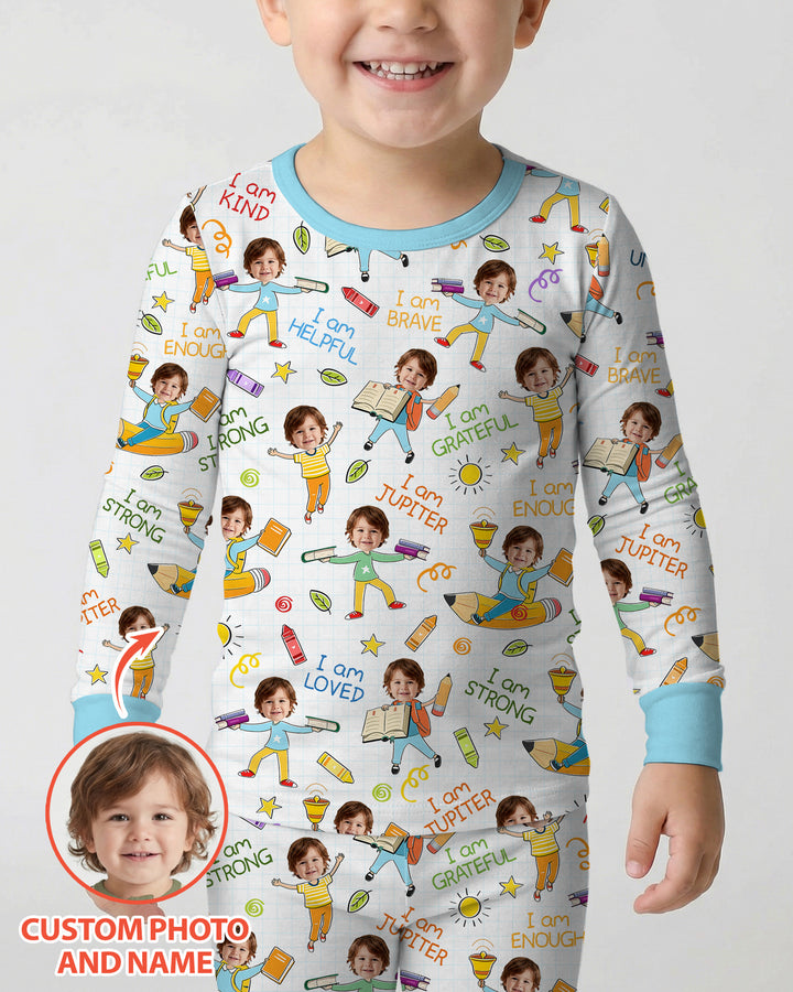 Custom Photo Kid Affirmations I Am Kind Bamboo Two Piece Long Sleeve Pajama Set