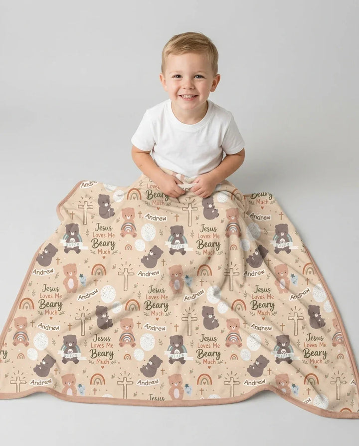 Custom Name Jesus Loves Me Beary Much Bamboo Blanket