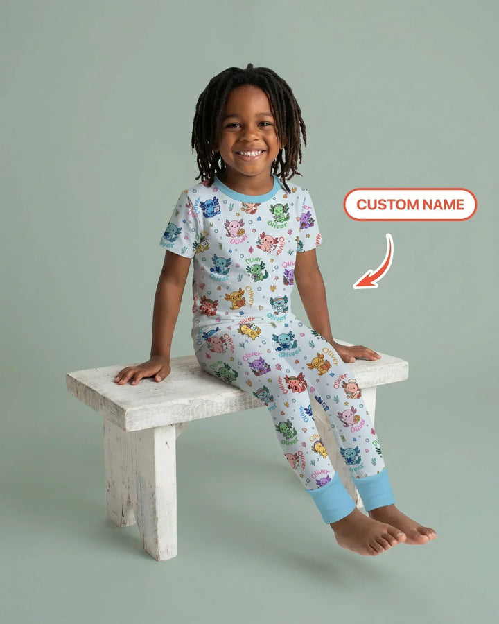 Custom Name Cute Hobby Axolotl Bamboo Two Piece Short Sleeve Pajama Set
