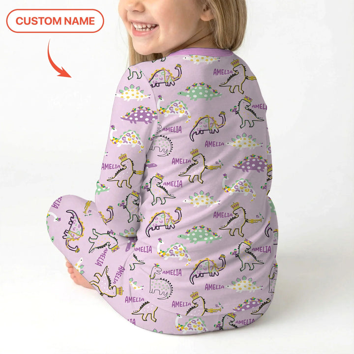 Custom Name Mardi Gras Saurus Bamboo Two Piece Long Sleeve Pajama Set
